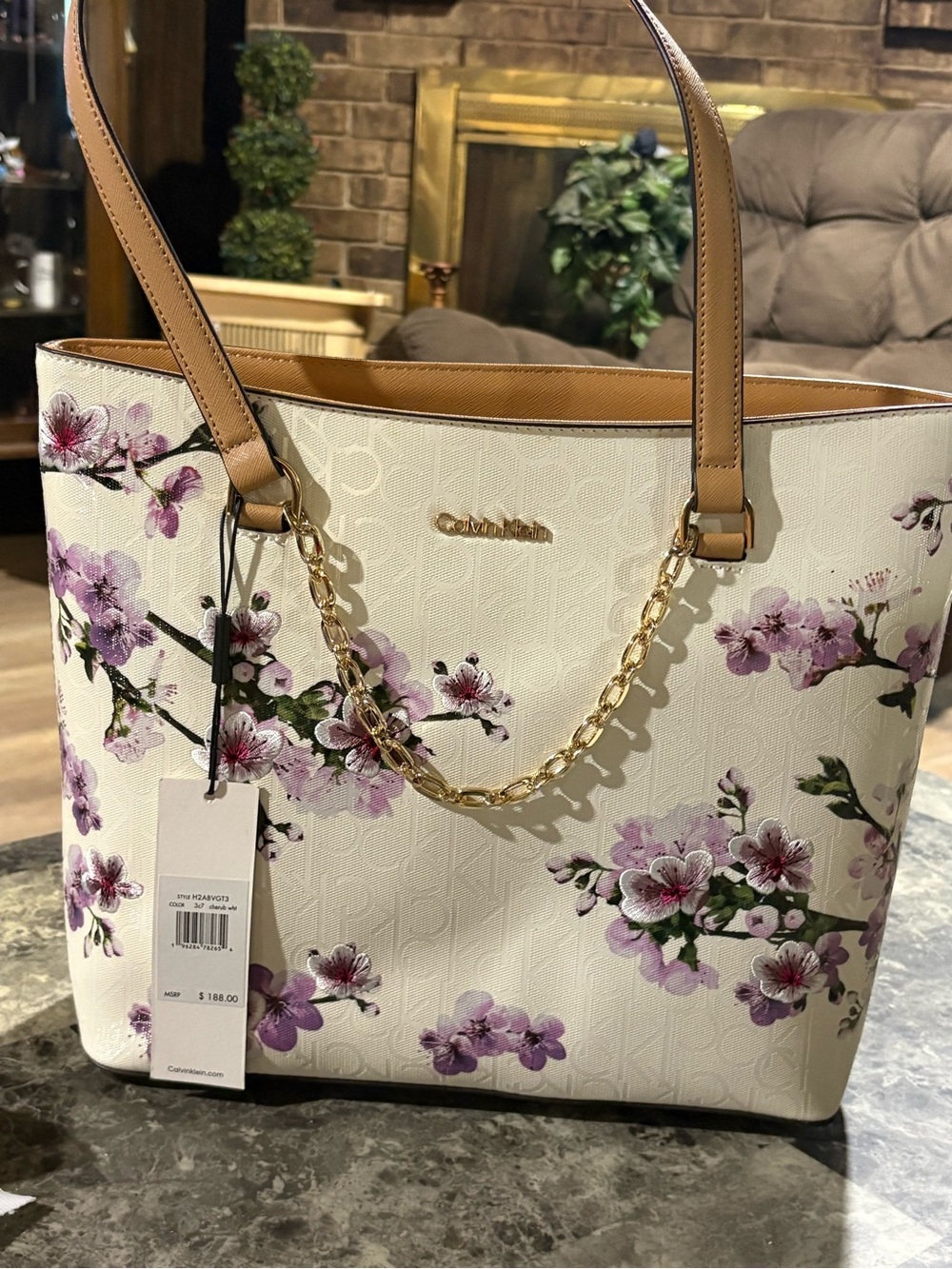 Calvin Klein Cream Tote with Purple Floral Print and Gold Chain